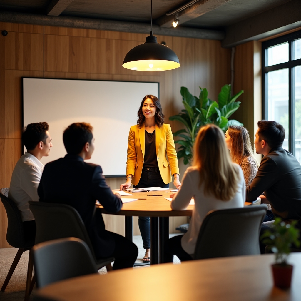 Small business team engaged in a communication skills workshop in a compact modern meeting room